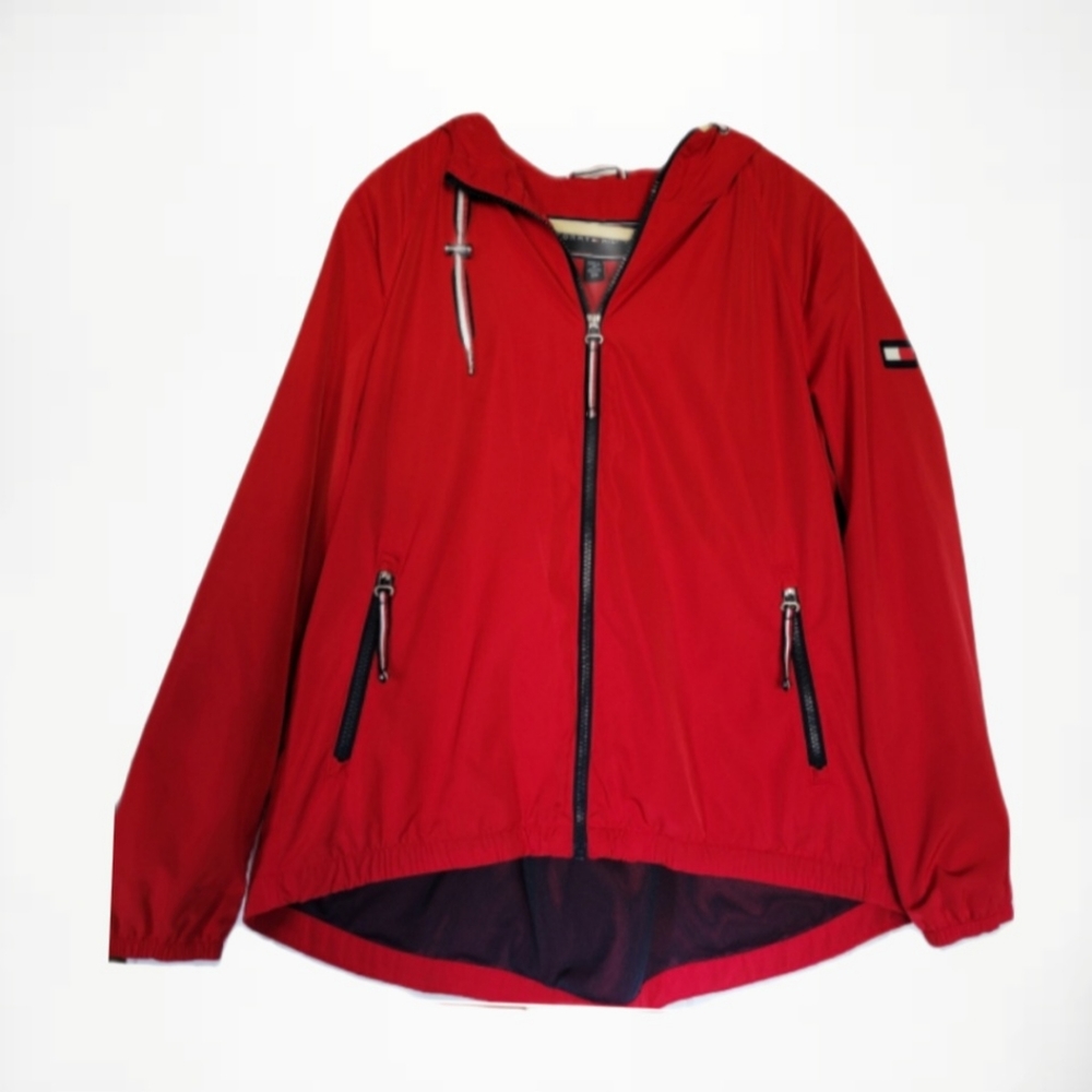 Womens Tommy Hilfiger Iconic Sporty Hooded Windbreaker Red Wht Navy Trim